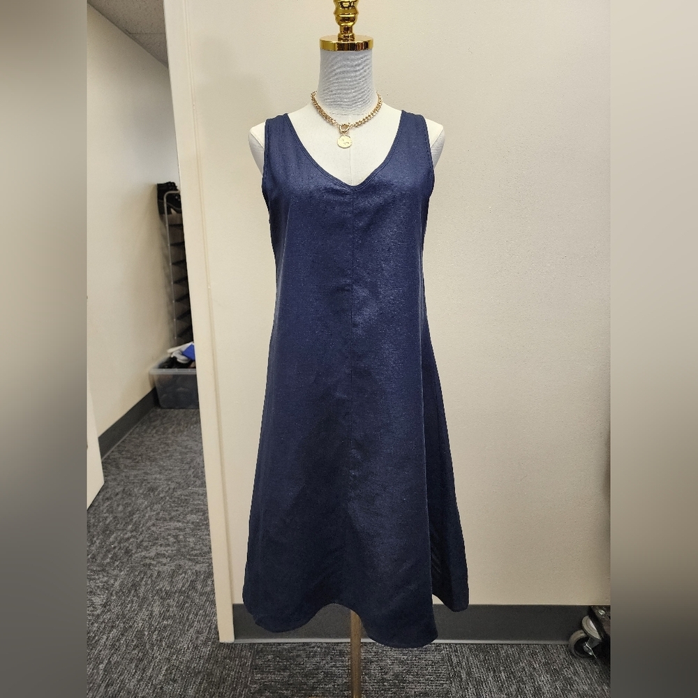 Joan Vass Navy V Neck Midi A Line Dress Sleeveless Size Small